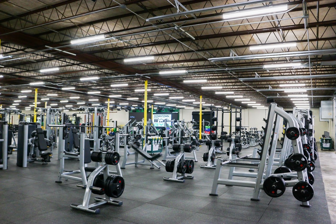 Free weights and racks on the Downtown Gym floor